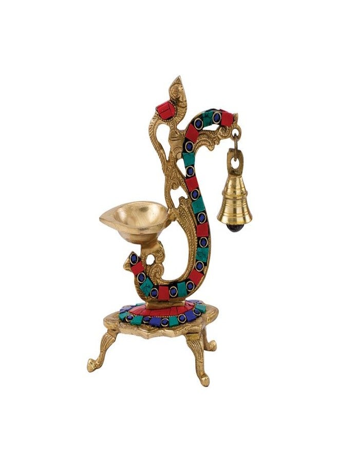 DEVDECOR Brass Peacock Design Diya with Bell - Gemstone Work Ethnic Antique Oil Lamp | Traditional Brass Diya for Home Temple Décor, Pooja Room & Festival Decoration, Standard Size, Pack of 1 - Image 3